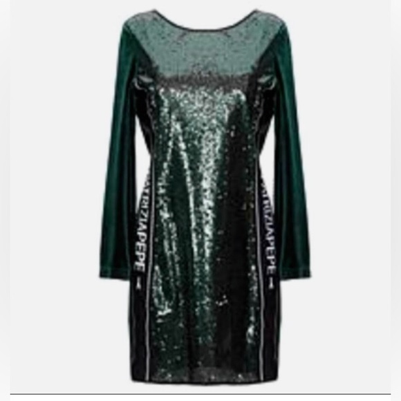 Patrizia Pepe green velvet sequin open back mini dress long sleeve - Picture 8 of 10